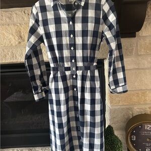 J. Crew Navy and White Long-Sleeve Checkered Shirt Dress